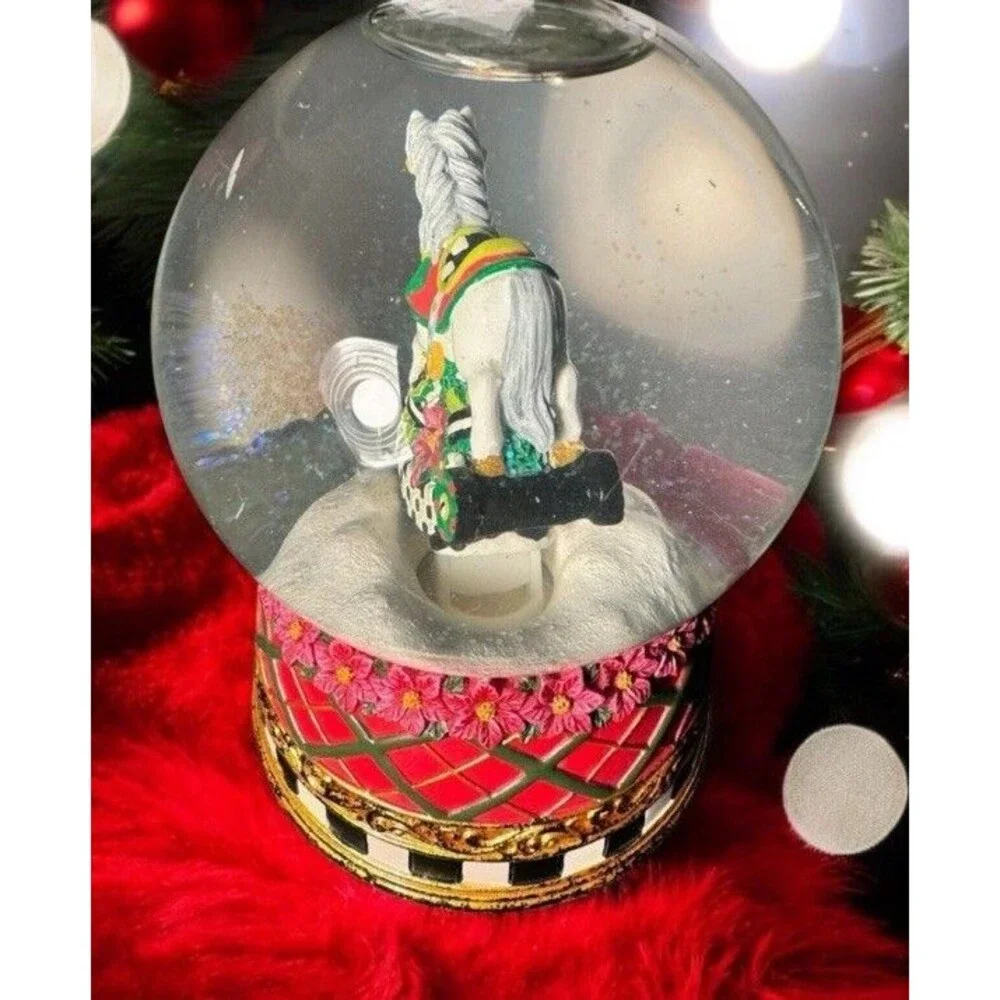McKenzie Childs Designer Glitter Floral Carousel Horse Snowglobe Music Box Works